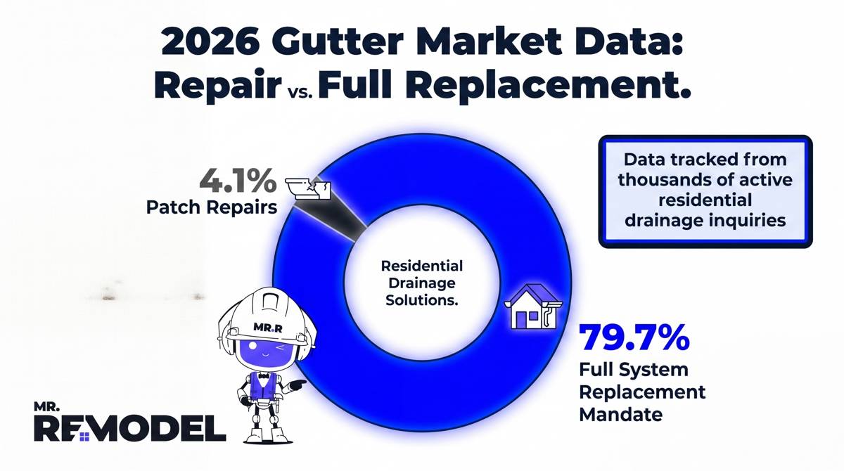 A real-world market data chart showing that nearly 80% of residential gutter projects require a full structural system replacement over a patch fix.